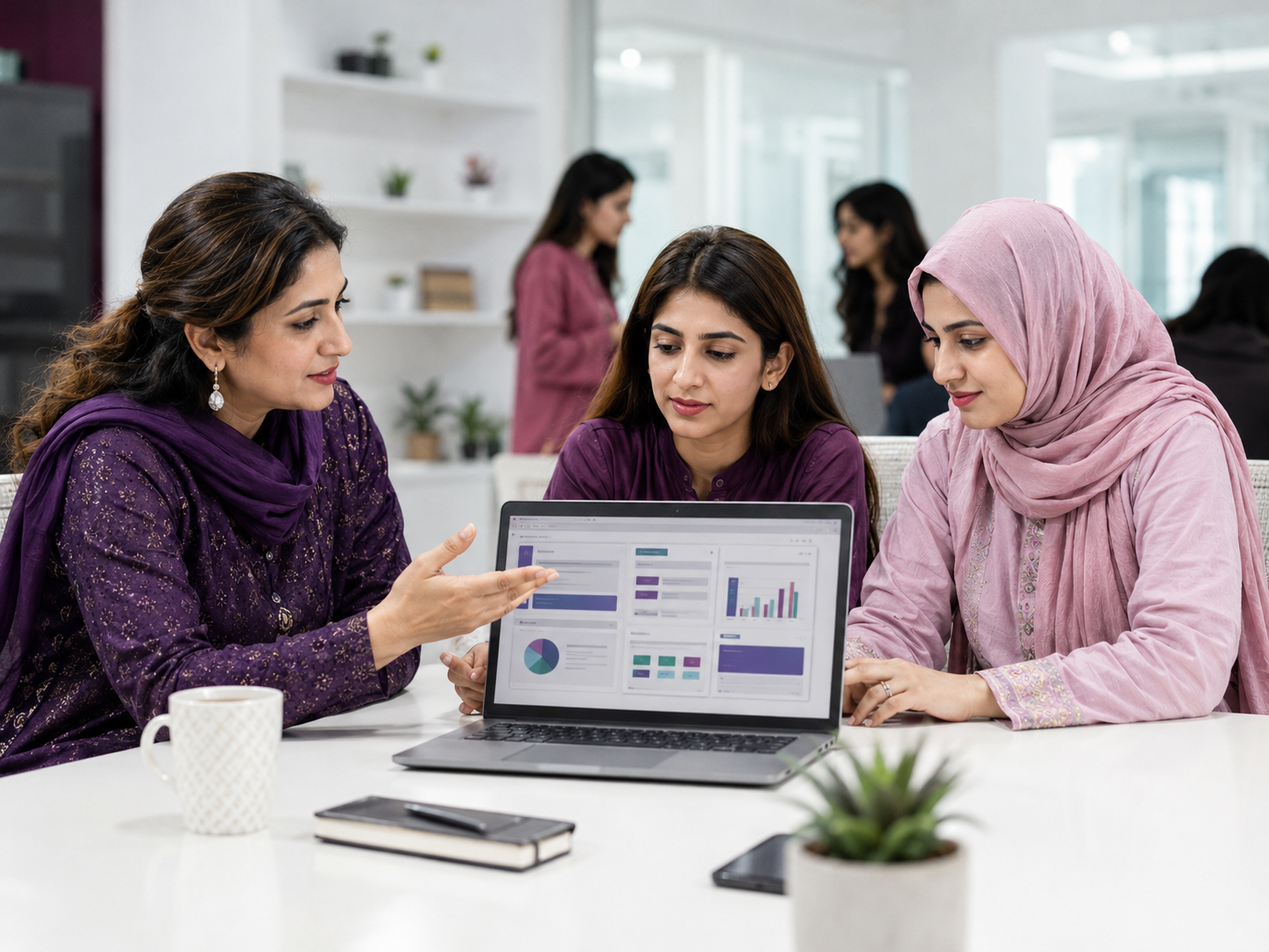 Women receiving guidance through a digital work dashboard