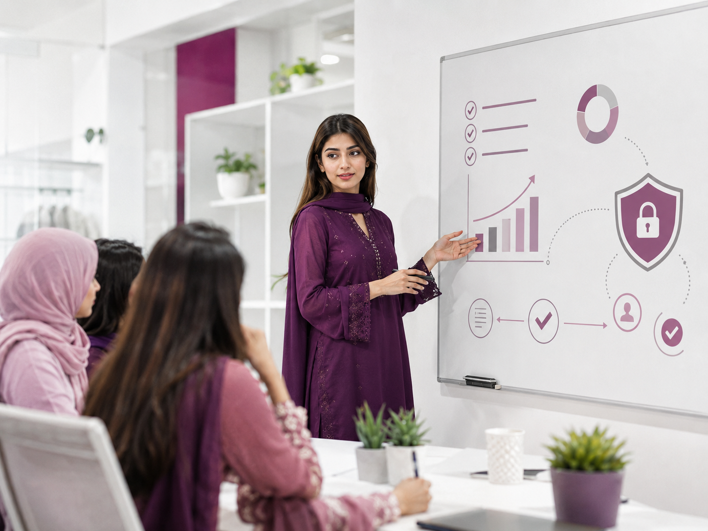 Digital mentor guiding women through a secure work process