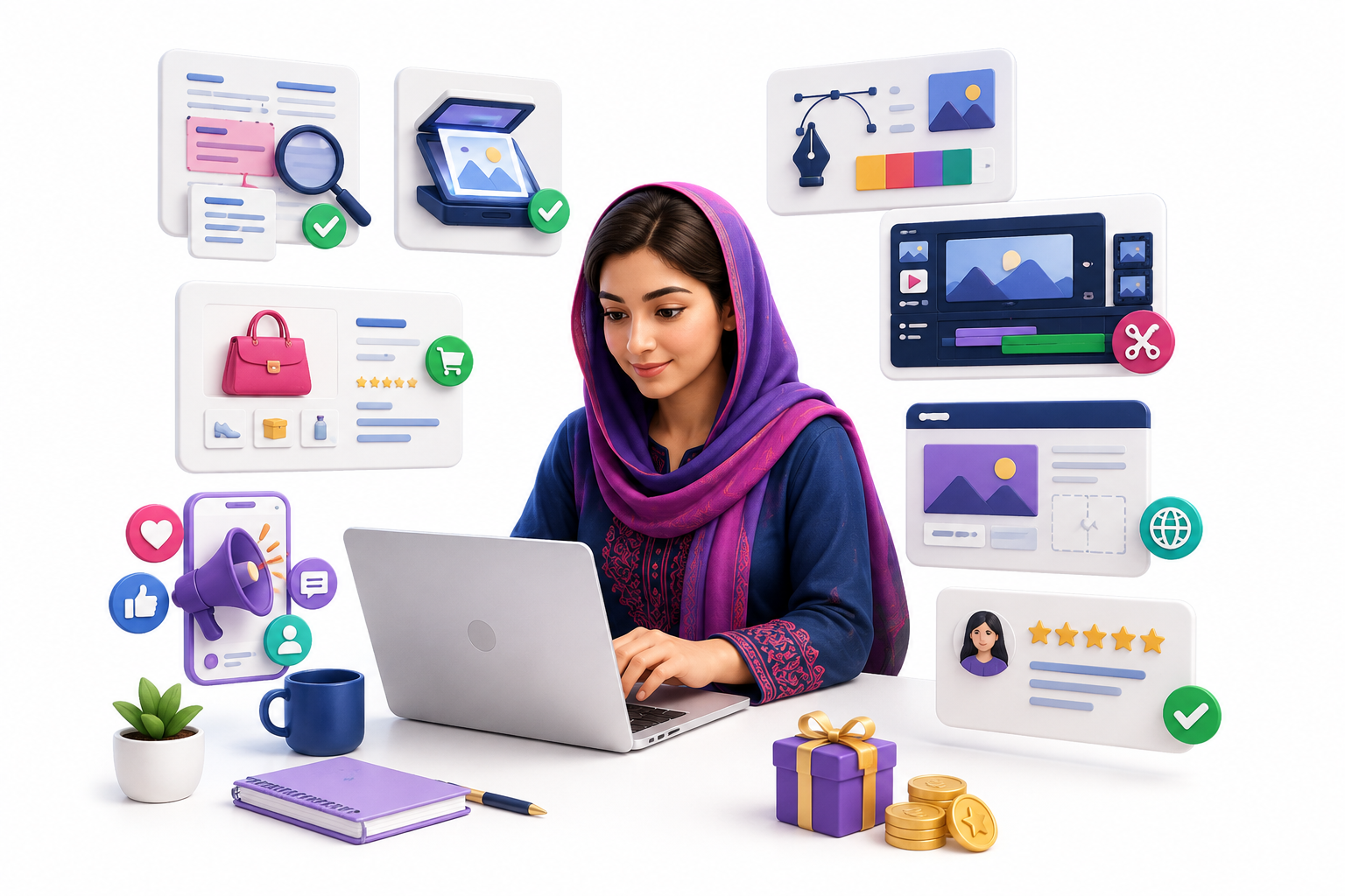 Pakistani woman completing digital tasks from a laptop