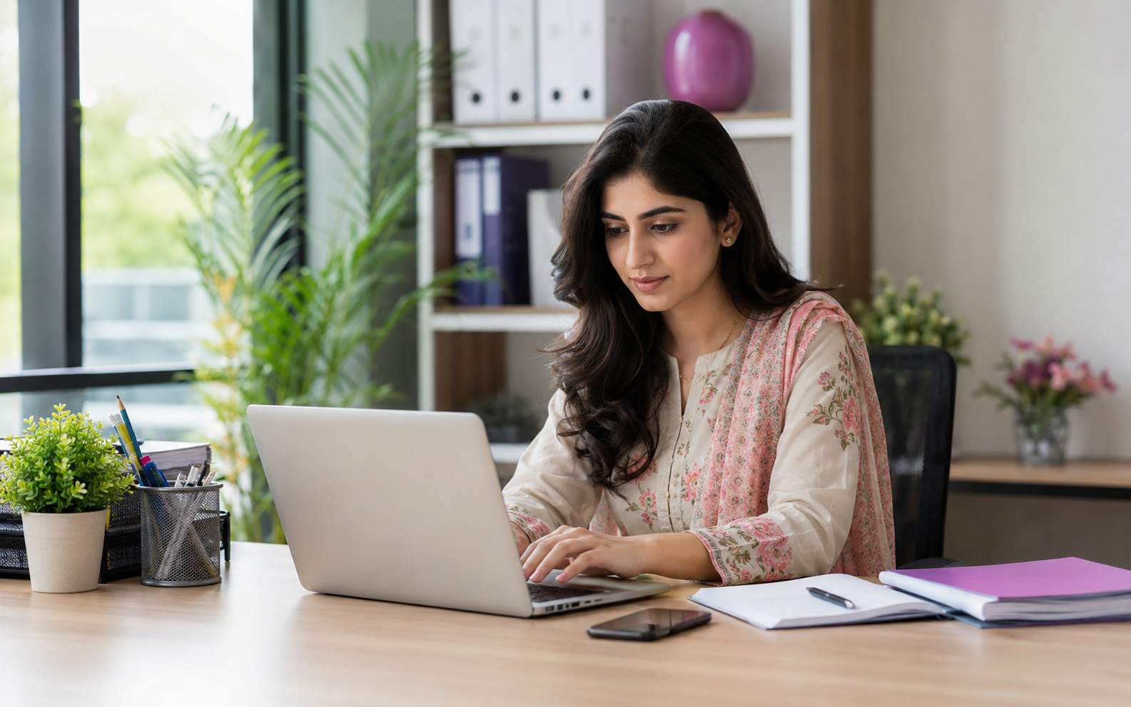 Woman working on digital job tasks